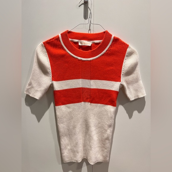 Tory Burch Cotton Poppy Rib Knit Sweater in Ivory/ Poppy Red - Picture 2 of 6